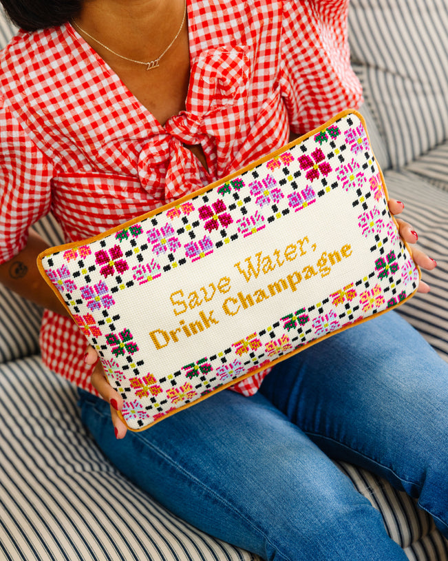 Drink Champagne Needlepoint Pillow - Furbish Studio