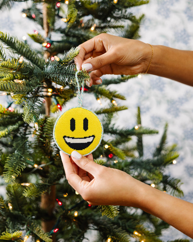 Needlepoint Icon Ornament - Smiley Face Emoji - Furbish Studio