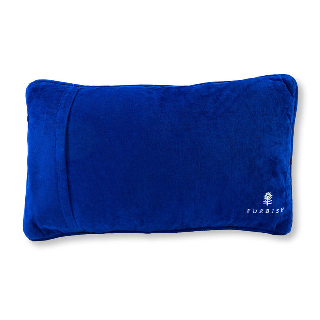 Blue pillow with a brand logo on a white background