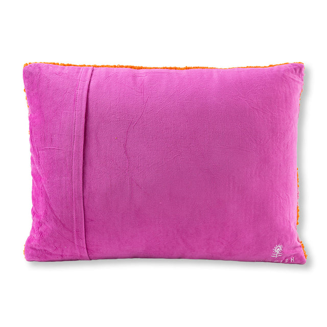 Pink pillow with orange trim on a white background