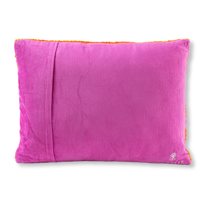 Pink pillow with orange trim on a white background