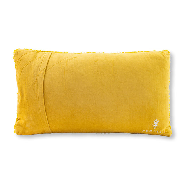 Yellow pillow with a brand logo on a white background