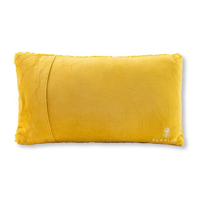 Yellow pillow with a brand logo on a white background