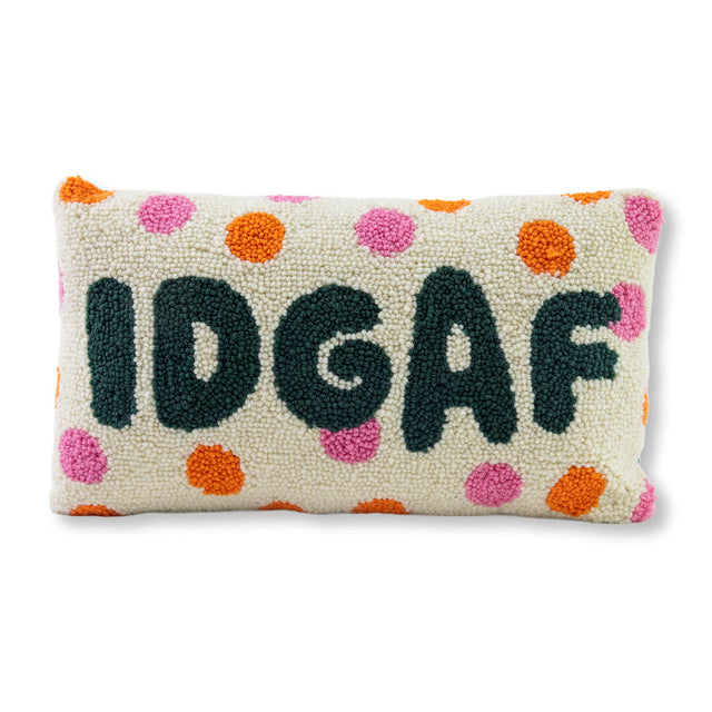 Pillow with 'IDGAF' text and colorful polka dots on a white background