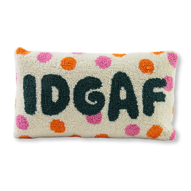Pillow with 'IDGAF' text and colorful polka dots on a white background