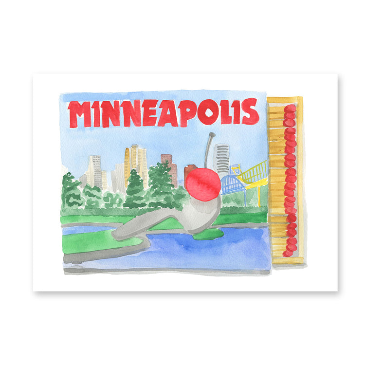 Matchbook with Minneapolis illustration, cityscape, and cherry on top