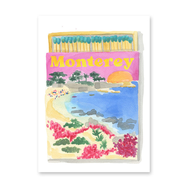Matches with a colorful design of Monterey, featuring a beach scene.