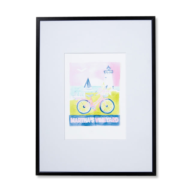 Martha's Vineyard Matchbook - Furbish Studio, Martha's Vineyard matchbook watercolor print illustrating the location's lighthouse, a sailboat, and a bike, the matchbook title is in the bottom of the archival paper in a 5" x 7" black frame