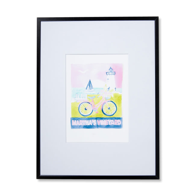 Martha's Vineyard Matchbook - Furbish Studio, Martha's Vineyard matchbook watercolor print illustrating the location's lighthouse, a sailboat, and a bike, the matchbook title is in the bottom of the archival paper in a 5" x 7" black frame