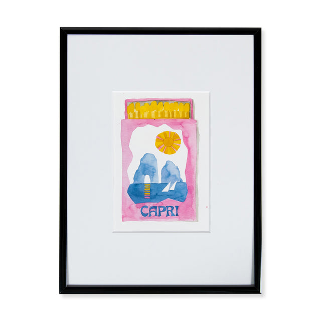 Capri Matchbook - Furbish Studio, small Capri Matchbook watercolor print featuring an illustration of a Capri Island and some sailboats with a pink background in a black 5x7 frame